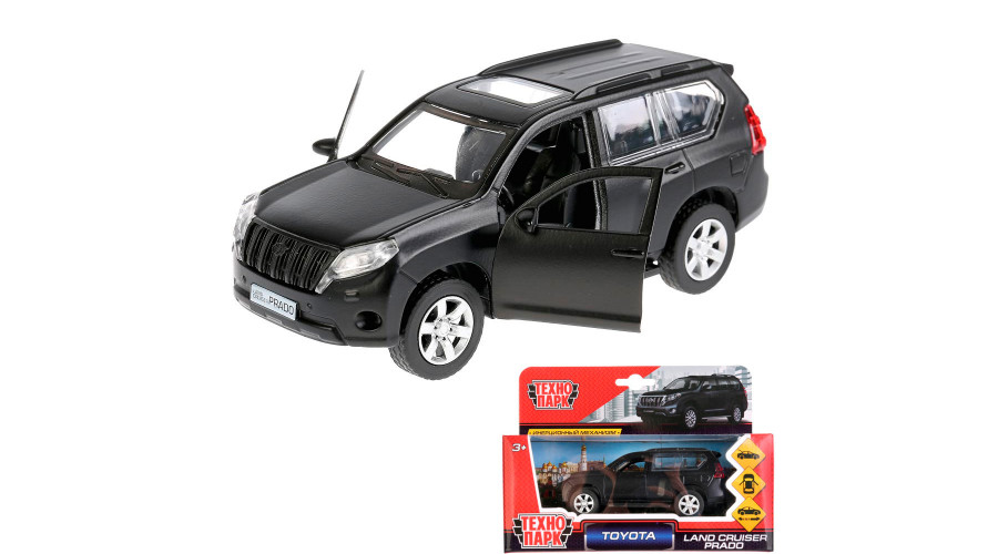 Машина металл TOYOTA PRADO матовая 12 см, двери, багаж, инерц, черный, кор. Технопарк в кор PRADO-BE