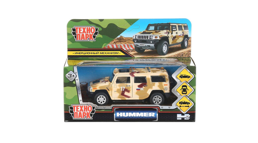 Машина металл HUMMER H2  длина 12 см, двери, багаж, инерц, КАМУФЛЯЖ, в кор. Технопарк HUM2-12MIL-BN