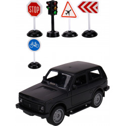 Машинка инерционная в наборе (13,5*6,5*5 см,свет, звук, светофор, дор. знаки, чёрный) (арт.ИК-3128)