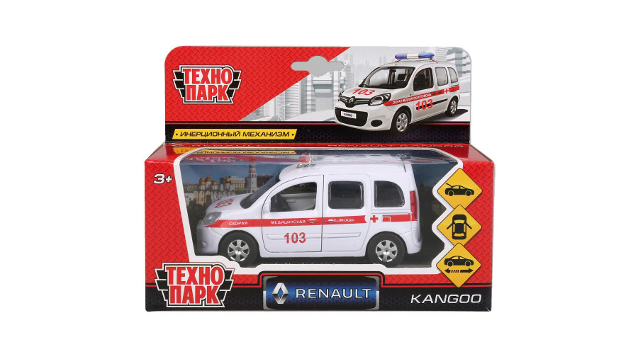Машина металл RENAULT KANGOO СКОРАЯ 12 см, двер, баг, инер, кор. Технопарк KANGOO-AMB