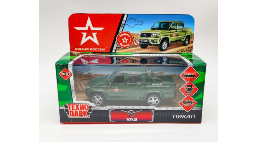 Машина металл UAZ PICKUP АРМИЯ РОССИИ длина 12 см, двери, багаж, инерц, кор. Технопа PICKUP-12ARR-GN