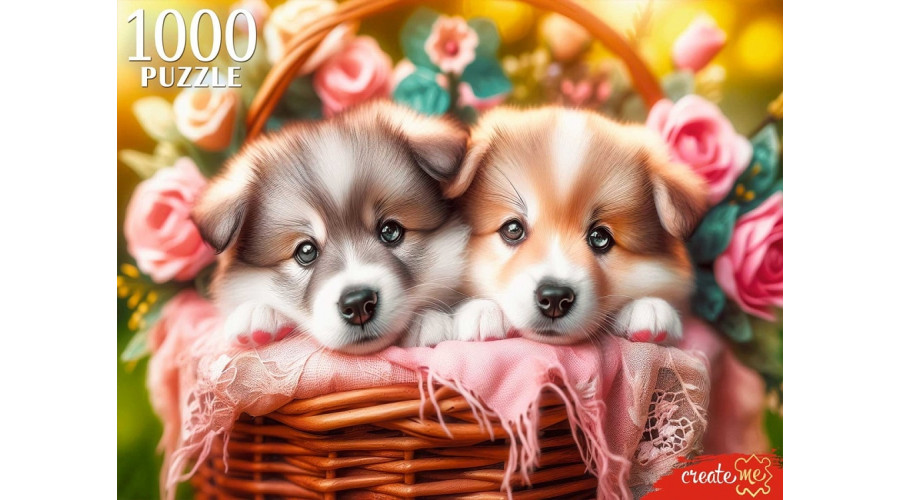 ПАЗЛЫ 1000 элементов. ДВА ЩЕНКА В КОРЗИНЕ  (арт.ХП1000-8277)