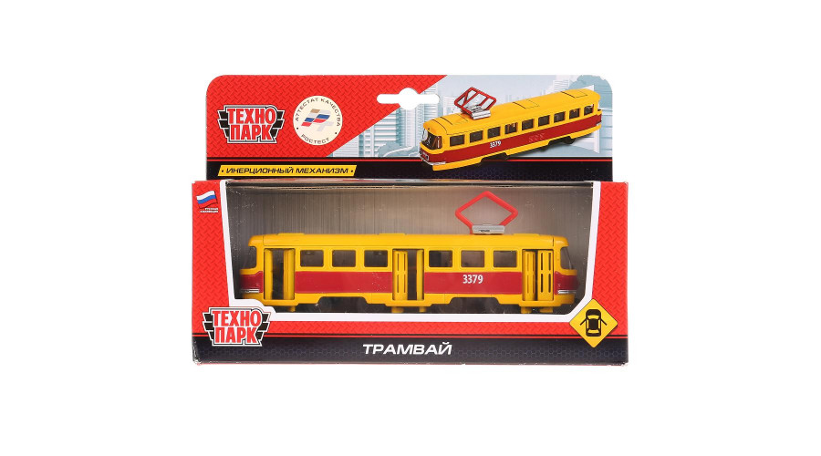 Модель металл ТРАМВАЙ, 16,5 см, двери, инерц., кор. Технопарк в кор SB-16-66-BL-WB
