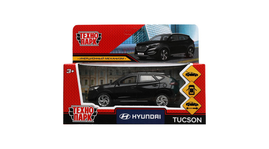 Машина металл HYUNDAI TUCSON длина 12 см, двери, багаж., инер, черный, кор. Технопарк TUCSON-12-BK