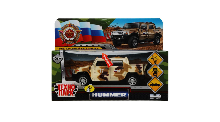 Машина металл HUMMER H2 PICKUP КАМУФЛЯЖ 12 см, двери, багаж, инерц, кор. ТехнопарHUM2PICKUP-12MIL-GN