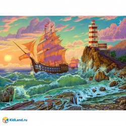 Алмаз мозаика (класс.) 30х40 см, с подр., с полн. заполн. (30цв) Корабль и маяк (Арт. НД-0539)