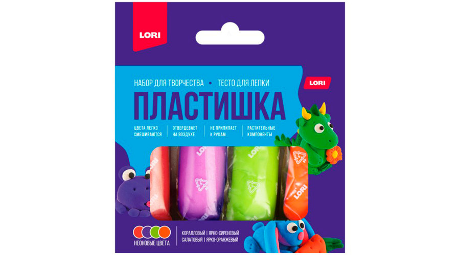  Пластишка. Тесто для лепки неоновое 4 цв по 30 гр (коробка с вырубным окном) Тдл-047