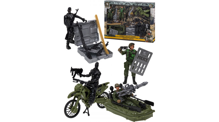 Военный игровой набор "Спецоперация"(четыре фигур.,лодка,мотоц. в кор.) (35x4x25 cм) ( Арт. 2180024)