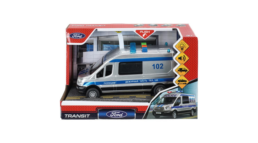Машина пластик свет-звук FORD TRANSIT ПОЛИЦИЯ  16 см, двери, 3 кнопки, кор. TRANSITVAN-16PLPOL-SR