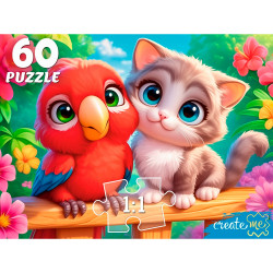 ПАЗЛЫ 60 элементов. КОТЁНОК И ПОПУГАЙ (Арт. П60-5994)