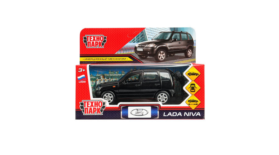 Машина металл LADA NIVA длина 12 см, двери, багаж, инерц, черный, кор. Технопарк LADANIVA-12-BK-WOD