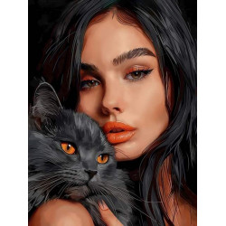 Холст с красками 30х40 см по номерам (в коробке) (30 цв.) Девушка и черный кот (арт. Х-5183)